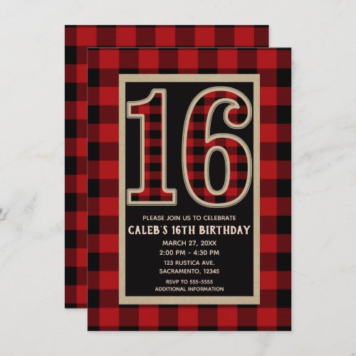 Rustic Red Black Buffalo Plaid 16th 16 Birthday Invitation