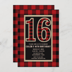 Rustic Red Black Buffalo Plaid 16th 16 Birthday Invitation