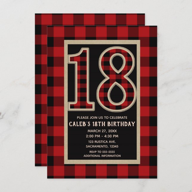 Rustic Red Black Buffalo Plaid 18th 18 Birthday Invitation (Front/Back)