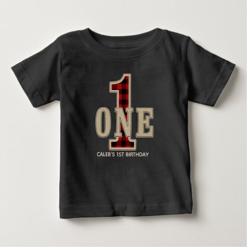 Rustic Red Black Buffalo Plaid 1st Birthday Party Baby T_Shirt