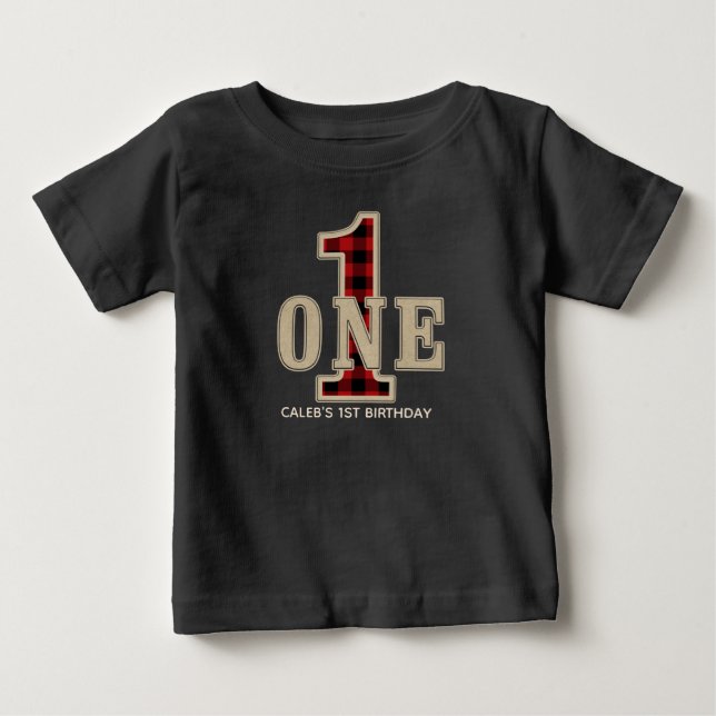 Rustic Red Black Buffalo Plaid 1st Birthday Party Baby T-Shirt (Front)