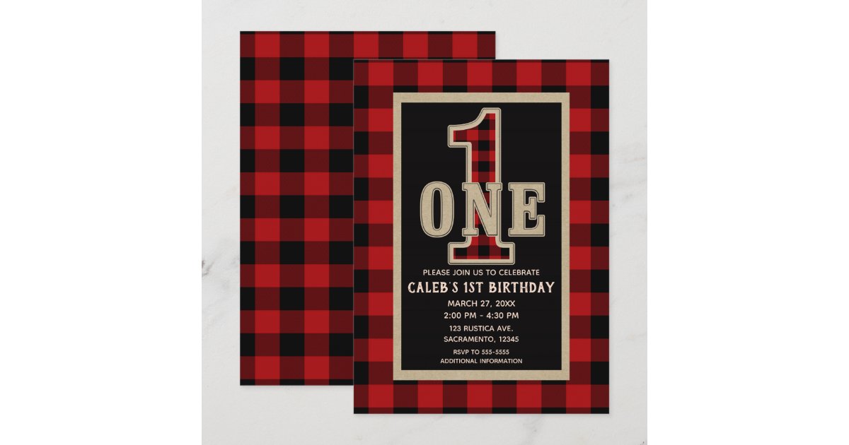 Rustic Red Black Buffalo Plaid 1st Birthday Party Invitation | Zazzle