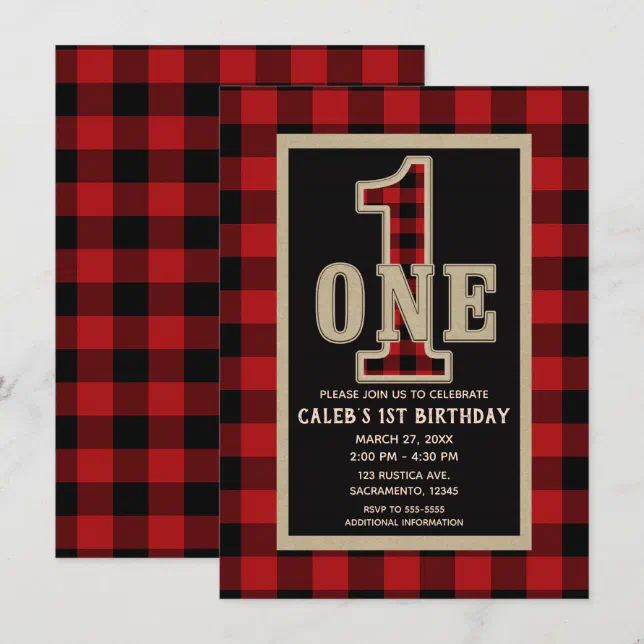 Rustic Red Black Buffalo Plaid 1st Birthday Party Invitation | Zazzle