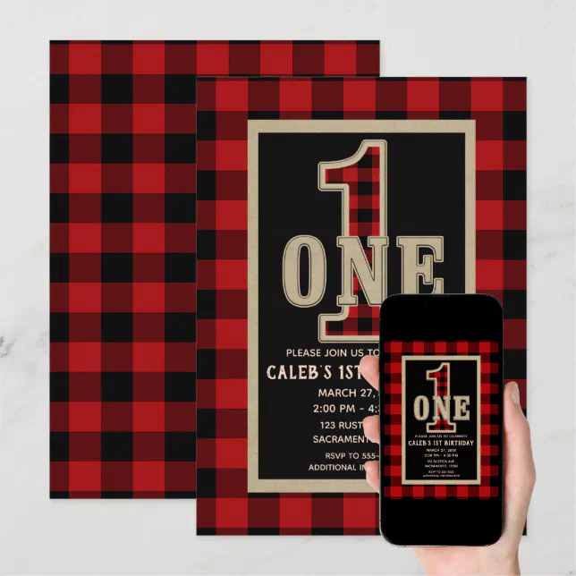Rustic Red Black Buffalo Plaid 1st Birthday Party Invitation | Zazzle