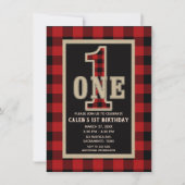 Rustic Red Black Buffalo Plaid 1st Birthday Party Invitation (Front)