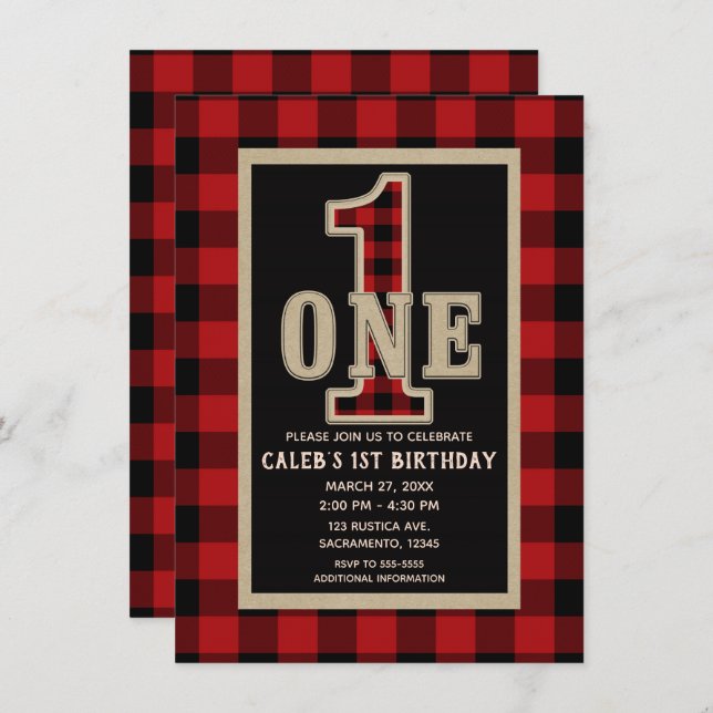 Rustic Red Black Buffalo Plaid 1st Birthday Party Invitation (Front/Back)