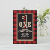 Rustic Red Black Buffalo Plaid 1st Birthday Party Invitation (Standing Front)
