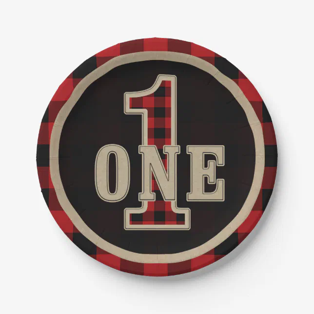 Rustic Red Black Buffalo Plaid 1st Birthday Party Paper Plates | Zazzle