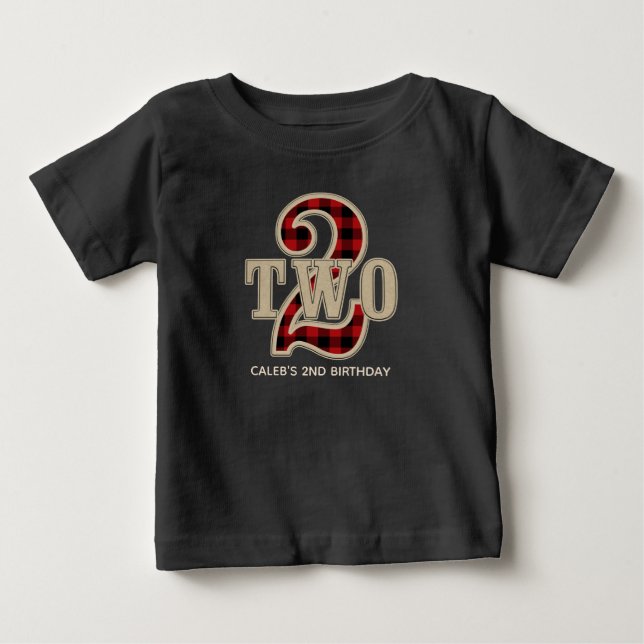 Rustic Red Black Buffalo Plaid 2nd Birthday Party Baby T-Shirt (Front)