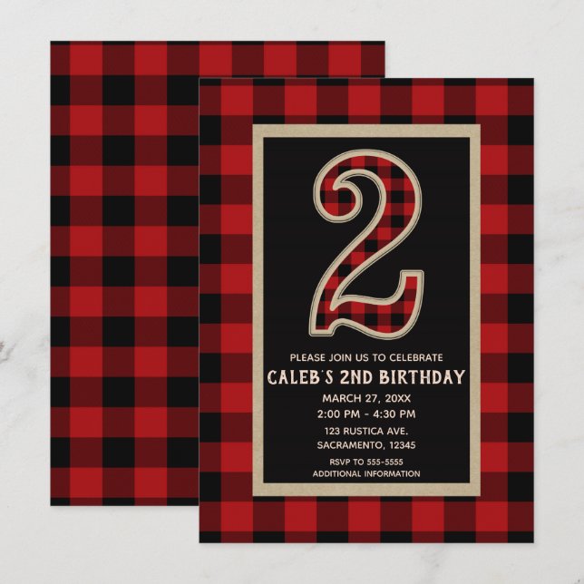 Rustic Red Black Buffalo Plaid 2nd Birthday Party Invitation (Front/Back)