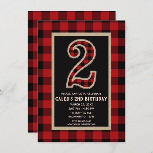 Rustic Red Black Buffalo Plaid 2nd Birthday Party Invitation