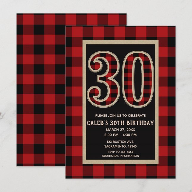 Rustic Red Black Buffalo Plaid 30th 30 Birthday Invitation (Front/Back)