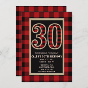 Rustic Red Black Buffalo Plaid 30th 30 Birthday Invitation