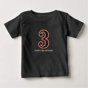 Rustic Red Black Buffalo Plaid 3rd Birthday Party Baby T-Shirt
