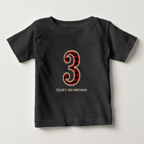 Rustic Red Black Buffalo Plaid 3rd Birthday Party Baby T_Shirt