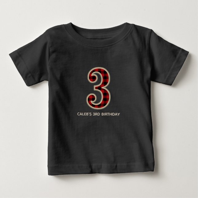Rustic Red Black Buffalo Plaid 3rd Birthday Party Baby T-Shirt (Front)