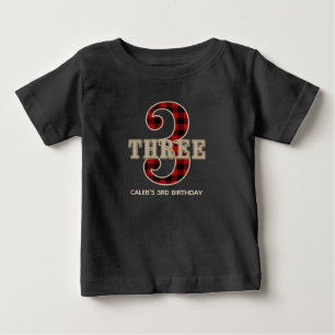 Rustic Red Black Buffalo Plaid 3rd Birthday Party Baby T-Shirt
