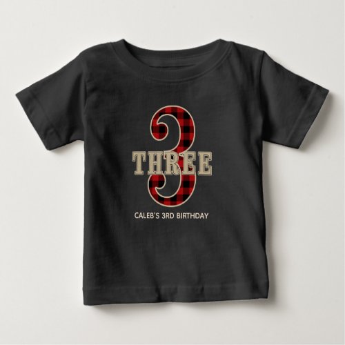 Rustic Red Black Buffalo Plaid 3rd Birthday Party Baby T_Shirt