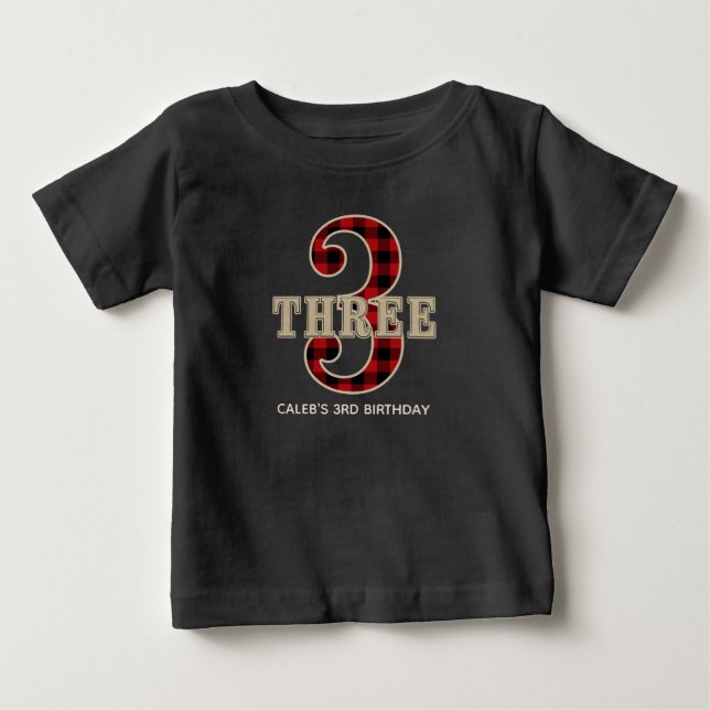 Rustic Red Black Buffalo Plaid 3rd Birthday Party Baby T-Shirt (Front)