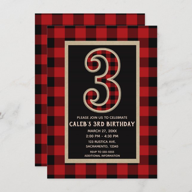 Rustic Red Black Buffalo Plaid 3RD Birthday Party Invitation (Front/Back)