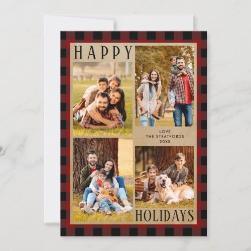 Rustic Red Black Buffalo Plaid 4 Photo Collage Holiday Card