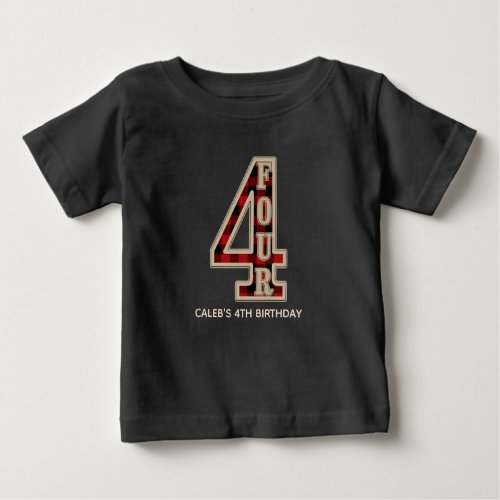 Rustic Red Black Buffalo Plaid 4th Birthday Party Baby T_Shirt