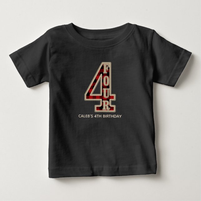 Rustic Red Black Buffalo Plaid 4th Birthday Party Baby T-Shirt (Front)