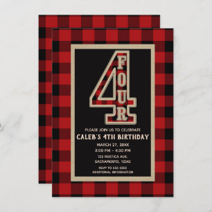 Rustic Red Black Buffalo Plaid 4th Birthday Party Invitation