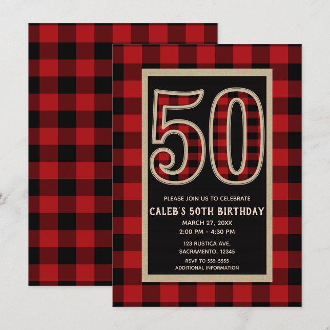 Rustic Red Black Buffalo Plaid 50th 50 Birthday Invitation (Front/Back)
