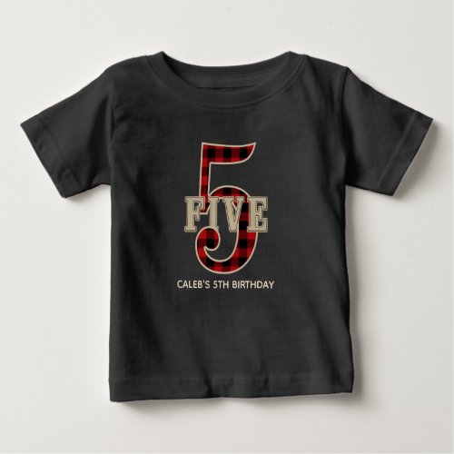 Rustic Red Black Buffalo Plaid 5th Birthday Party Baby T_Shirt