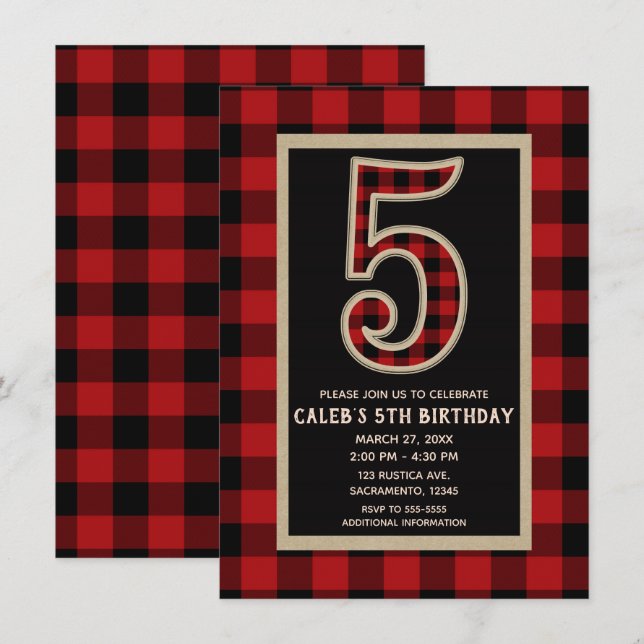 Rustic Red Black Buffalo Plaid 5th Birthday Party Invitation (Front/Back)