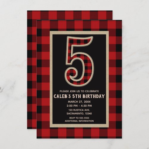 Rustic Red Black Buffalo Plaid 5th Birthday Party Invitation