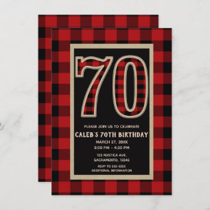 Rustic Red Black Buffalo Plaid 70th 70 Birthday Invitation