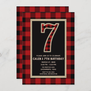 Rustic Red Black Buffalo Plaid 7th Birthday Party Invitation