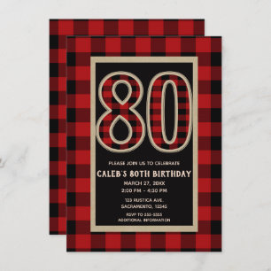 Rustic Red Black Buffalo Plaid 80th 80 Birthday Invitation