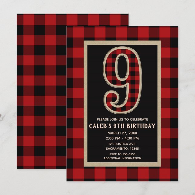Rustic Red Black Buffalo Plaid 9th Birthday Party Invitation (Front/Back)