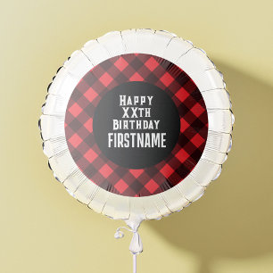 Rustic Red Black Buffalo Plaid Birthday Party Balloon