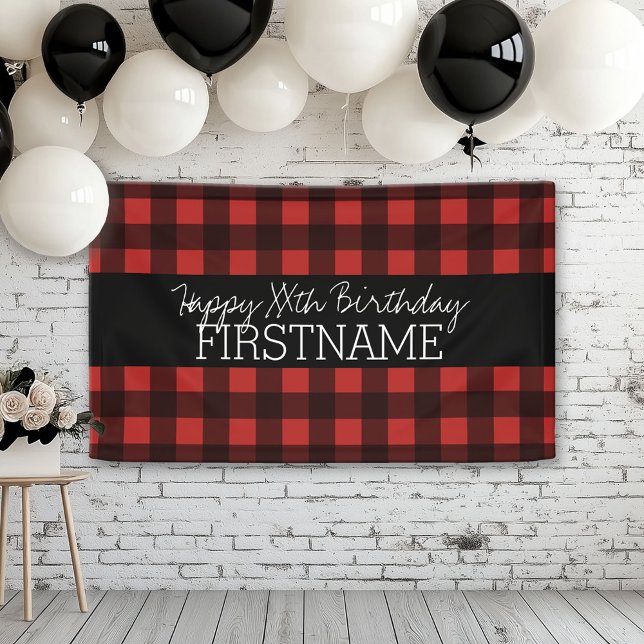 Rustic Red & Black Buffalo Plaid Birthday Party Banner (Custom Birthday Banner)