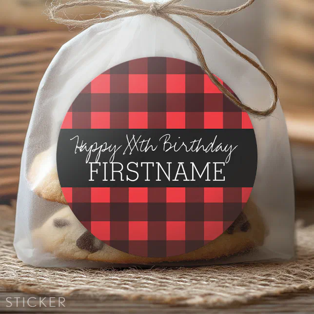 Rustic Red & Black Buffalo Plaid Birthday Party Classic Round Sticker ...