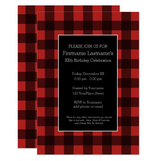 rustic red black buffalo plaid birthday party invitation zazzle com