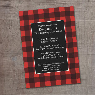 Rustic Red & Black Buffalo Plaid Birthday Party Invitation