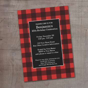 Rustic Red & Black Buffalo Plaid Birthday Party Invitation by MarshBaby at Zazzle
