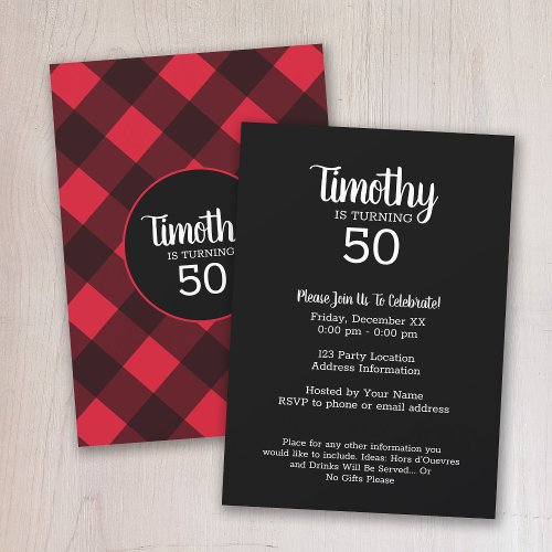 Rustic Red  Black Buffalo Plaid Birthday Party Invitation