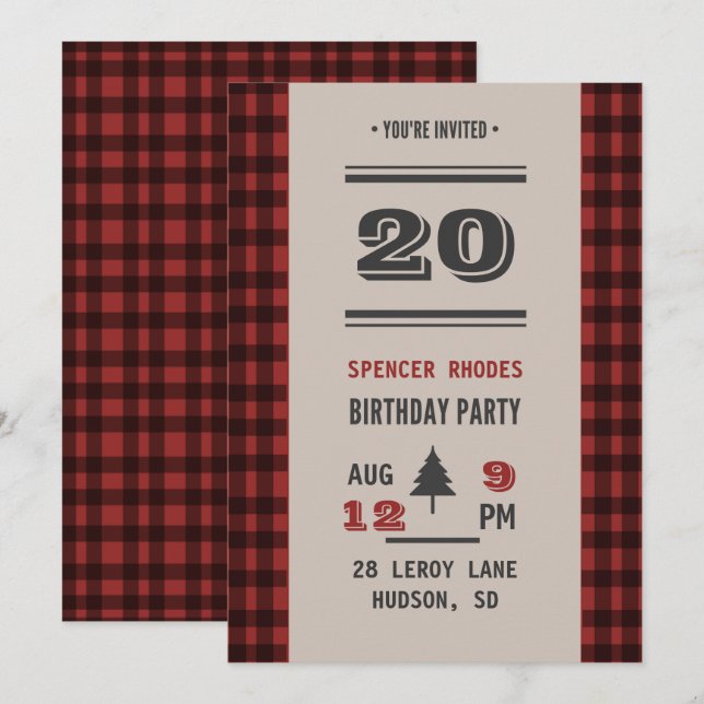 Rustic Red & Black Buffalo Plaid Birthday Party Invitation (Front/Back)