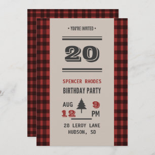 Rustic Red & Black Buffalo Plaid Birthday Party Invitation