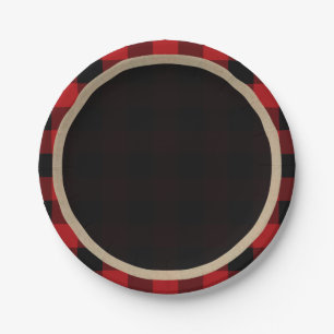 Rustic Red Black Buffalo Plaid Birthday Party Paper Plates
