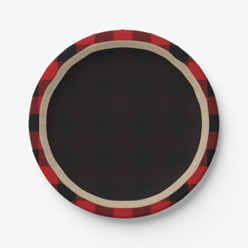 Rustic Red Black Buffalo Plaid Birthday Party Paper Plates