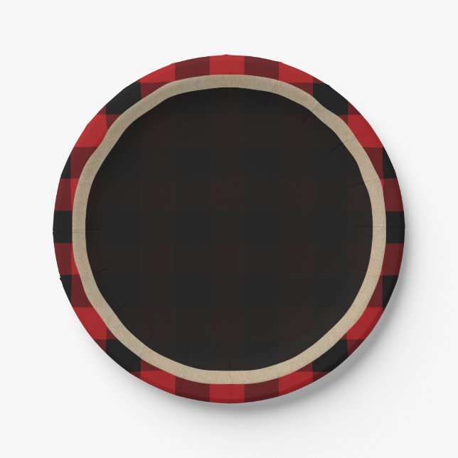 Rustic Red Black Buffalo Plaid Birthday Party Paper Plates (Front)