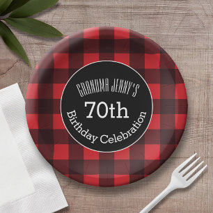 Rustic Red & Black Buffalo Plaid Birthday Party Paper Plates