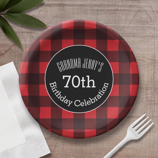 Rustic Red & Black Buffalo Plaid Birthday Party Paper Plates (Personalized birthday plate with buffalo check pattern)